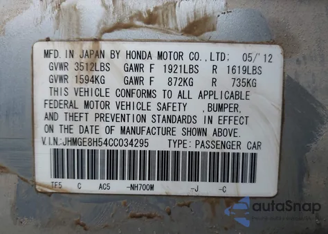 2012 Honda Fit Sport из США, поврежденный, VIN JHMGE8H54CC034295